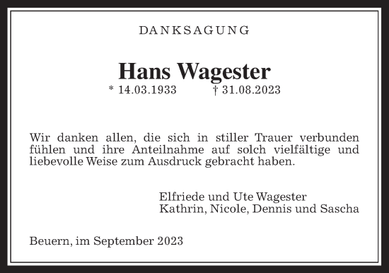 Traueranzeige von Hans Wagester von Giessener Allgemeine, Alsfelder Allgemeine, Giessener Anzeiger