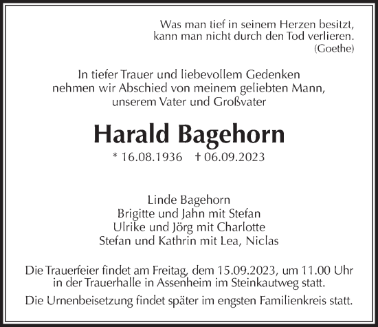 Traueranzeige von Harald Bagehorn von Wetterauer Zeitung
