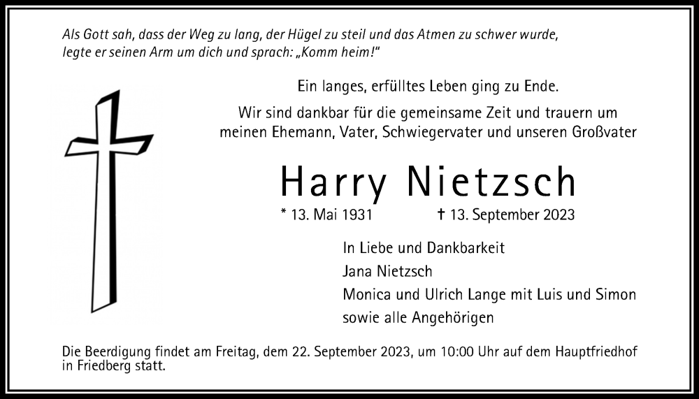  Traueranzeige für Harry Nietzsch vom 16.09.2023 aus Wetterauer Zeitung