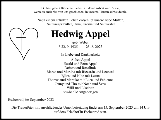 Traueranzeige von Hedwig Appel von Kreis-Anzeiger