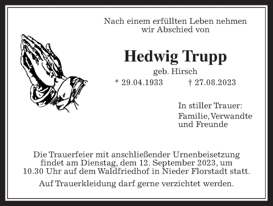 Traueranzeige von Hedwig Trupp von Wetterauer Zeitung