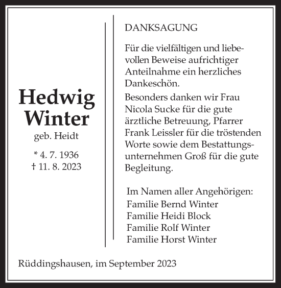 Traueranzeige von Hedwig Winter von Rabenauer Zeitung