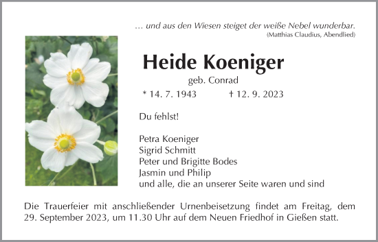 Traueranzeige von Heide Koeniger von Giessener Allgemeine, Alsfelder Allgemeine, Giessener Anzeiger