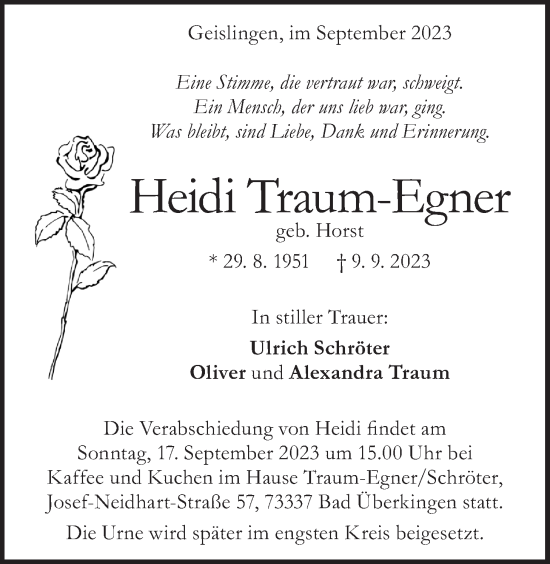 Traueranzeige von Heidi Traum-Egner von Giessener Allgemeine, Alsfelder Allgemeine