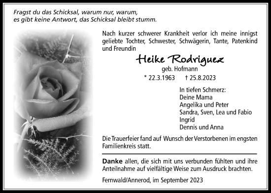 Traueranzeige von Heike Rodriguez von Licher Wochenblatt