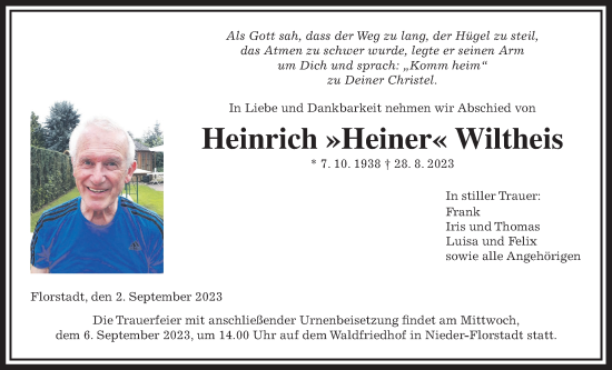 Traueranzeige von Heinrich Wiltheis von Wetterauer Zeitung