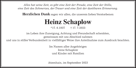 Traueranzeige von Heinz Schaplow von Giessener Allgemeine, Alsfelder Allgemeine