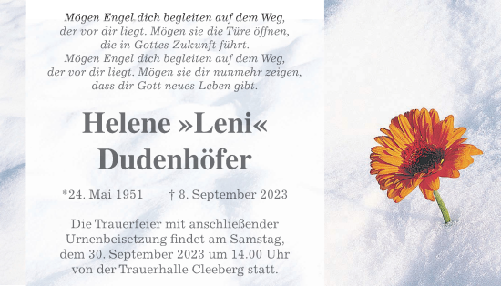 Traueranzeige von Helene Dudenhöfer von Giessener Allgemeine, Alsfelder Allgemeine