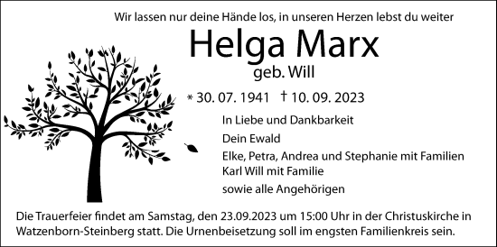 Traueranzeige von Helga Marx von Pohlheimer Nachrichten