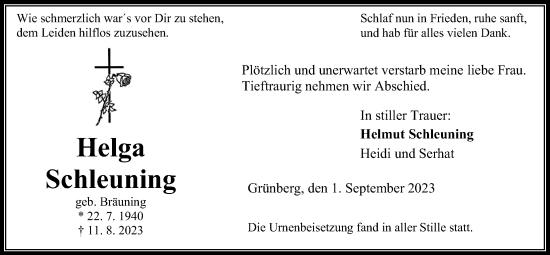 Traueranzeige von Helga Schleuning von Giessener Allgemeine, Alsfelder Allgemeine