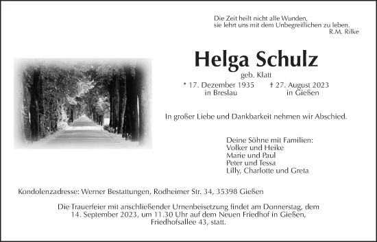 Traueranzeige von Helga Schulz von Giessener Anzeiger, Giessener Allgemeine, Alsfelder Allgemeine