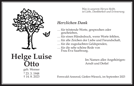 Traueranzeige von Helga Luise Otto von Giessener Allgemeine, Alsfelder Allgemeine