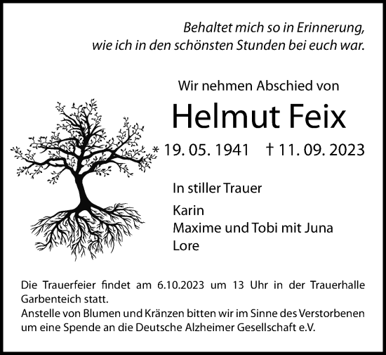 Traueranzeige von Helmut Feix von Pohlheimer Nachrichten, Giessener Allgemeine, Alsfelder Allgemeine