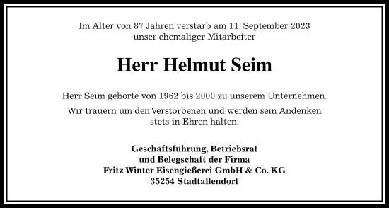 Traueranzeige von Helmut Seim von Giessener Allgemeine, Alsfelder Allgemeine