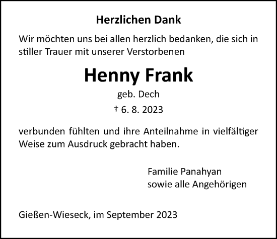 Traueranzeige von Henny Frank von Giessener Anzeiger, Giessener Allgemeine, Alsfelder Allgemeine
