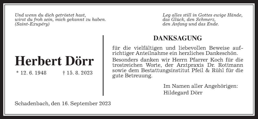  Traueranzeige für Herbert Dörr vom 16.09.2023 aus Alsfelder Allgemeine