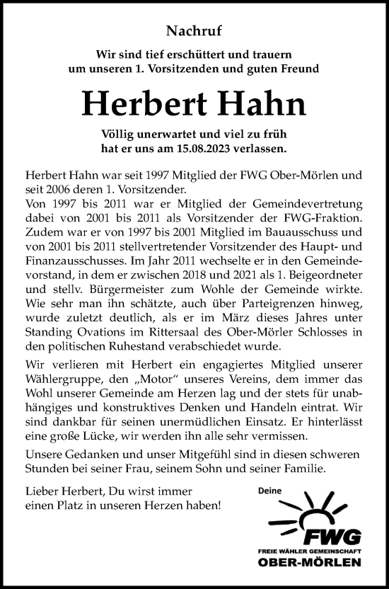 Traueranzeige von Herbert Hahn von Wetterauer Zeitung