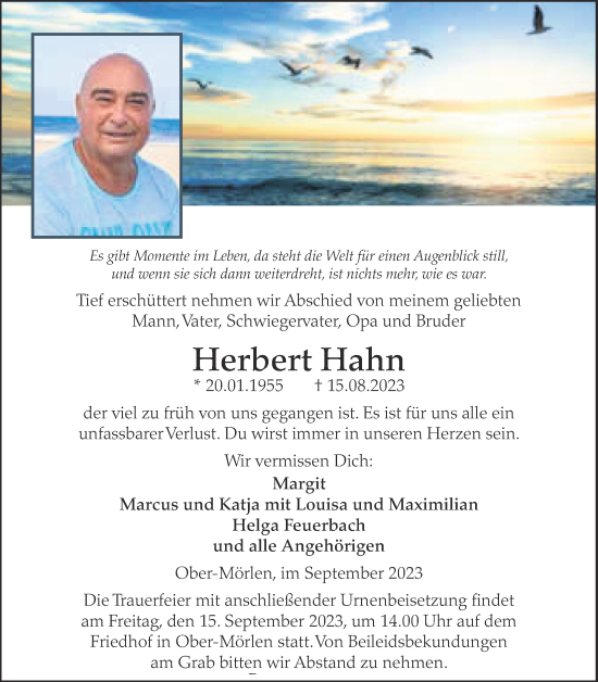 Traueranzeige von Herbert Hahn von Wetterauer Zeitung