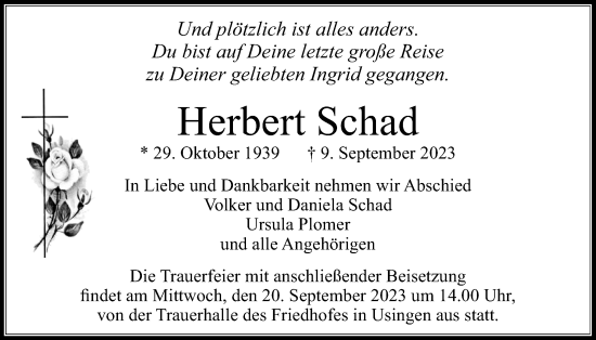 Traueranzeige von Herbert Schad von Usinger Anzeiger