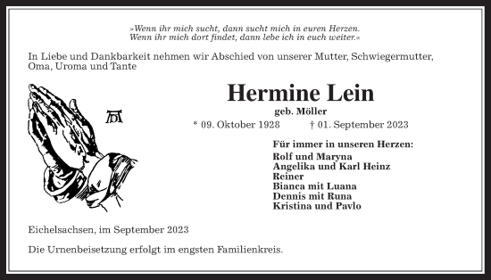 Traueranzeige von Hermine Lein von Kreis-Anzeiger
