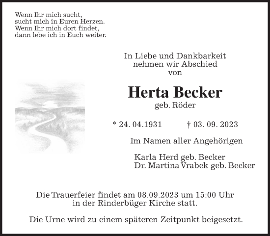 Traueranzeige von Herta Becker von Kreis-Anzeiger
