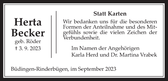 Traueranzeige von Herta Becker von Kreis-Anzeiger