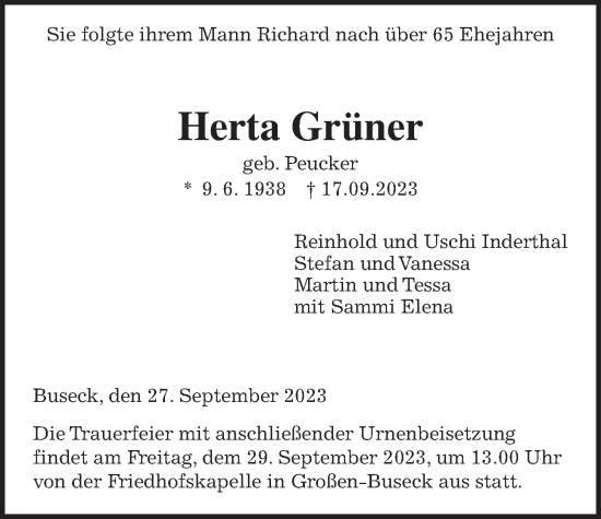 Traueranzeige von Herta Grüner von Giessener Allgemeine, Alsfelder Allgemeine