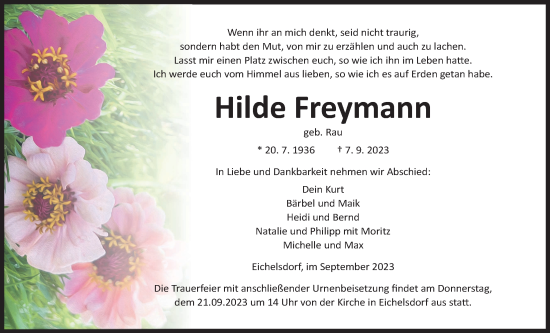 Traueranzeige von Hilde Freymann von Kreis-Anzeiger