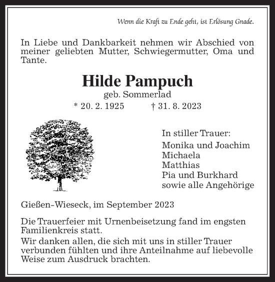 Traueranzeige von Hilde Pampuch von Giessener Allgemeine, Alsfelder Allgemeine, Giessener Anzeiger