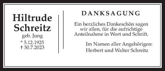 Traueranzeige von Hiltrude Schreitz von Wetterauer Zeitung