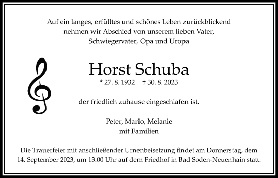 Traueranzeige von Horst Schuba von Bad Vilbel/Karben