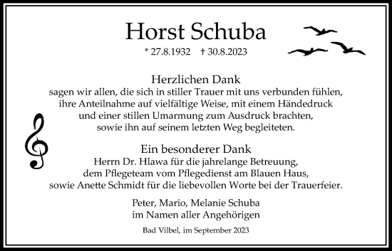Traueranzeige von Horst Schuba von Bad Vilbel/Karben