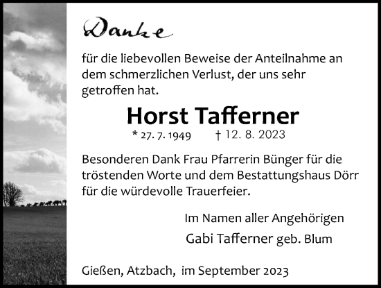 Traueranzeige von Horst Tafferner von Giessener Anzeiger