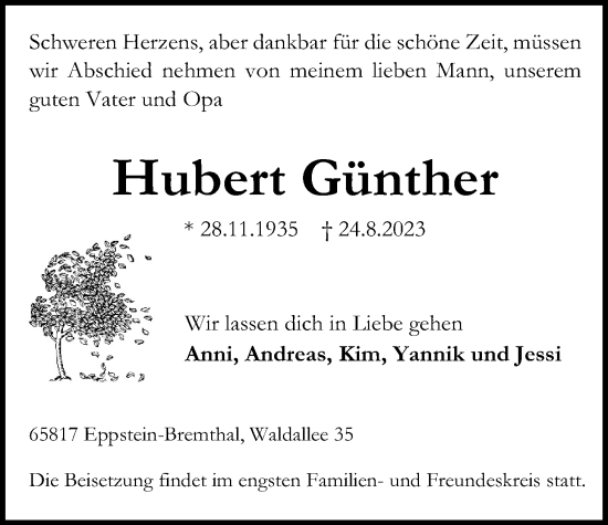 Traueranzeige von Hubert Günther 