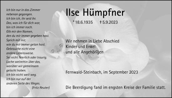 Traueranzeige von Ilse Hümpfner von Licher Wochenblatt