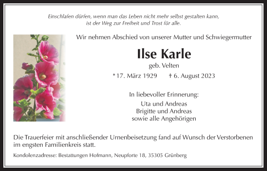 Traueranzeige von Ilse Karle von Giessener Anzeiger, Giessener Allgemeine, Alsfelder Allgemeine