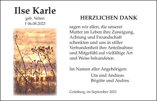 Traueranzeige von Ilse Karle von Giessener Allgemeine, Alsfelder Allgemeine, Giessener Anzeiger