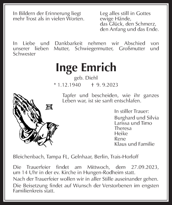Traueranzeige von Inge Emrich von Giessener Anzeiger, Kreis-Anzeiger