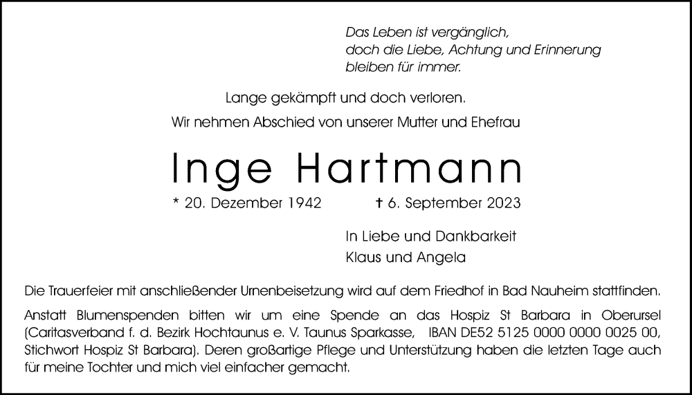  Traueranzeige für Inge Hartmann vom 09.09.2023 aus Wetterauer Zeitung