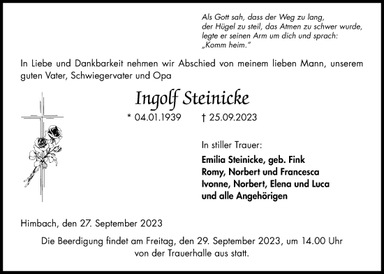 Traueranzeige von Ingolf Steinicke von Kreis-Anzeiger