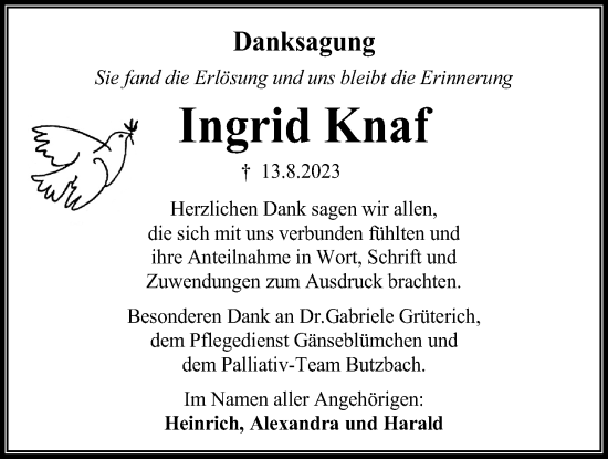 Traueranzeige von Ingrid Knaf von Kreis-Anzeiger
