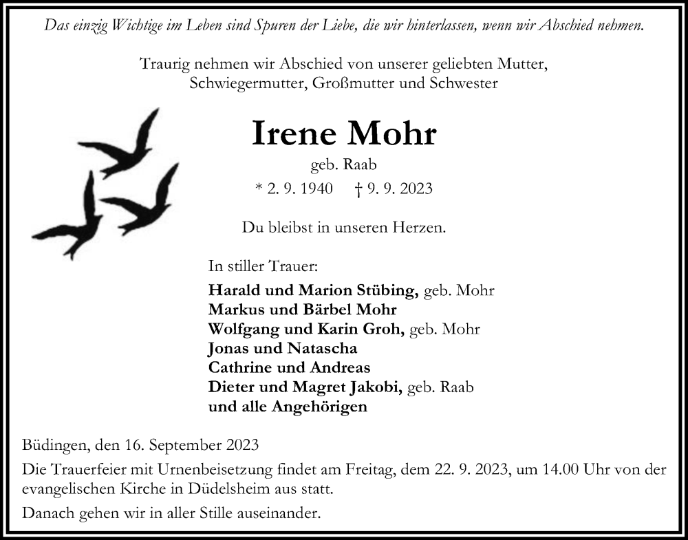  Traueranzeige für Irene Mohr vom 16.09.2023 aus Kreis-Anzeiger