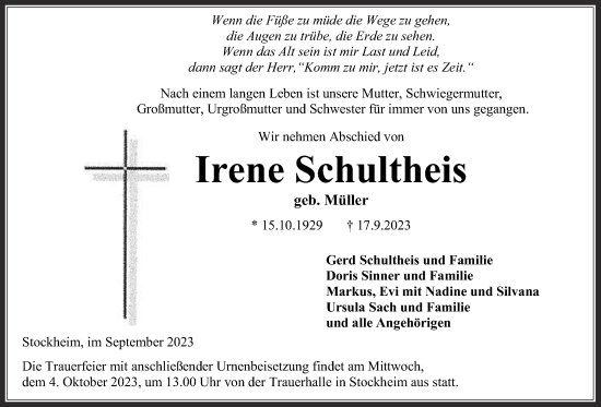 Traueranzeige von Irene Schultheis von Kreis-Anzeiger