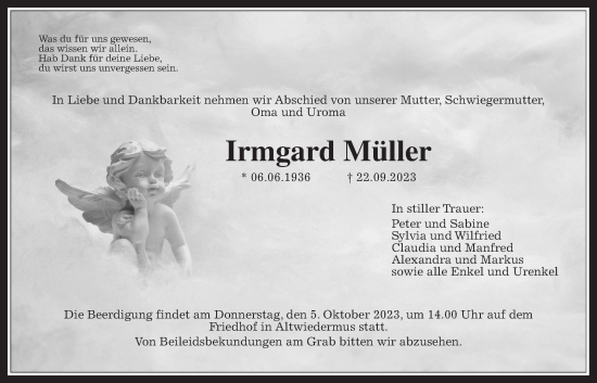 Traueranzeige von Irmgard Müller von Kreis-Anzeiger