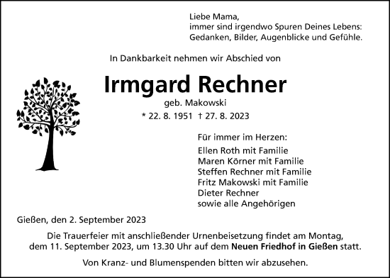 Traueranzeige von Irmgard Rechner von Giessener Anzeiger
