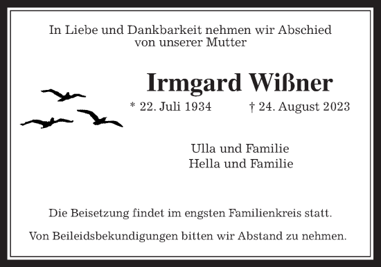 Traueranzeige von Irmgard Wißner von Allendorfer Mitteilungen