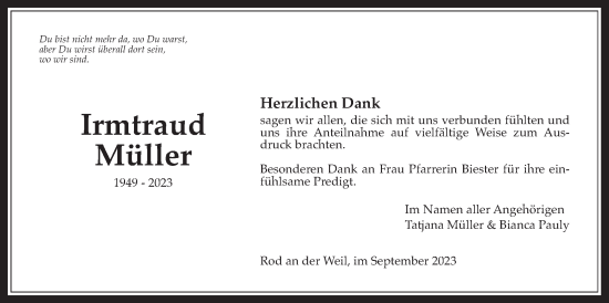 Traueranzeige von Irmtraud Müller von Usinger Anzeiger