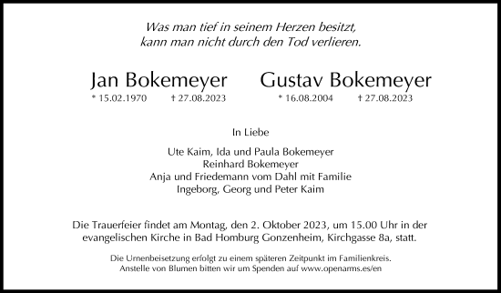 Traueranzeige von Jan Bokemeyer von Giessener Allgemeine, Alsfelder Allgemeine
