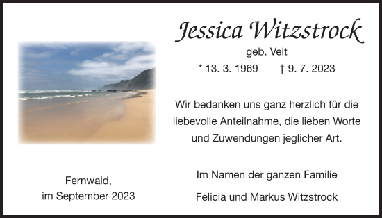 Traueranzeige von Jessica Witzstrock von Giessener Allgemeine, Alsfelder Allgemeine, Giessener Anzeiger