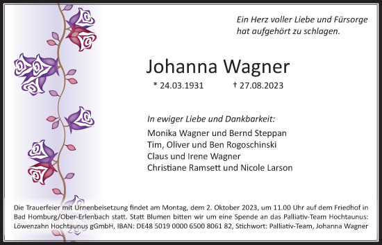 Traueranzeige von Johanna Wagner von Wetterauer Zeitung